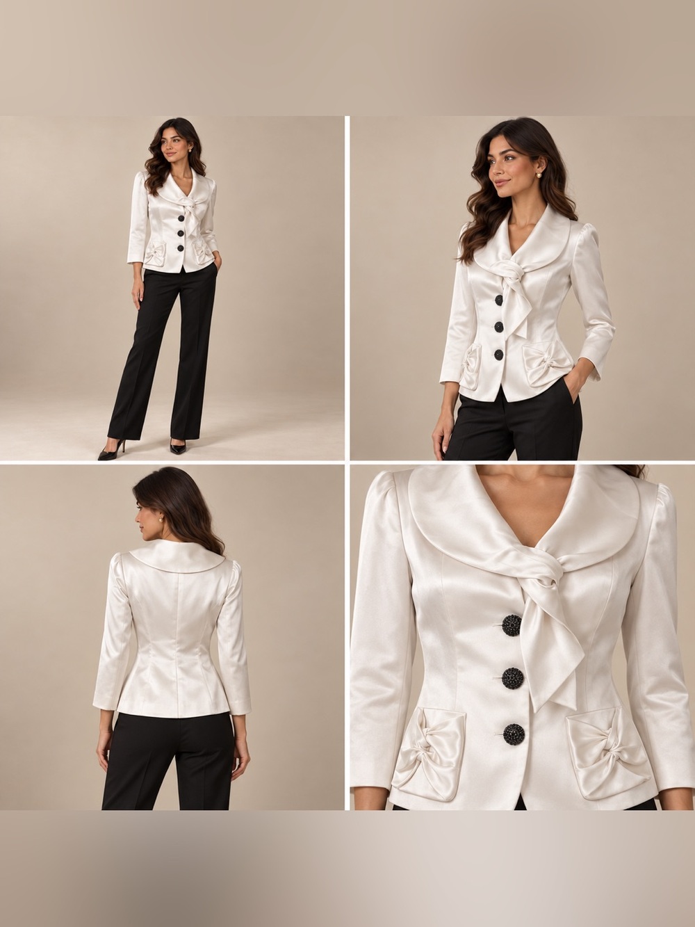 Vintage Tahari Arthur S. Levine Ivory Satin Bow Blazer Rhinestone Buttons Size 6